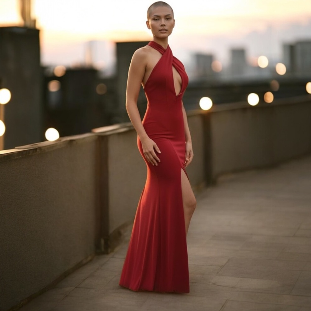 NWT Lovers + Friends Rosa Gown Halter Neck Crossover Front Slit Rose Red Sz Med